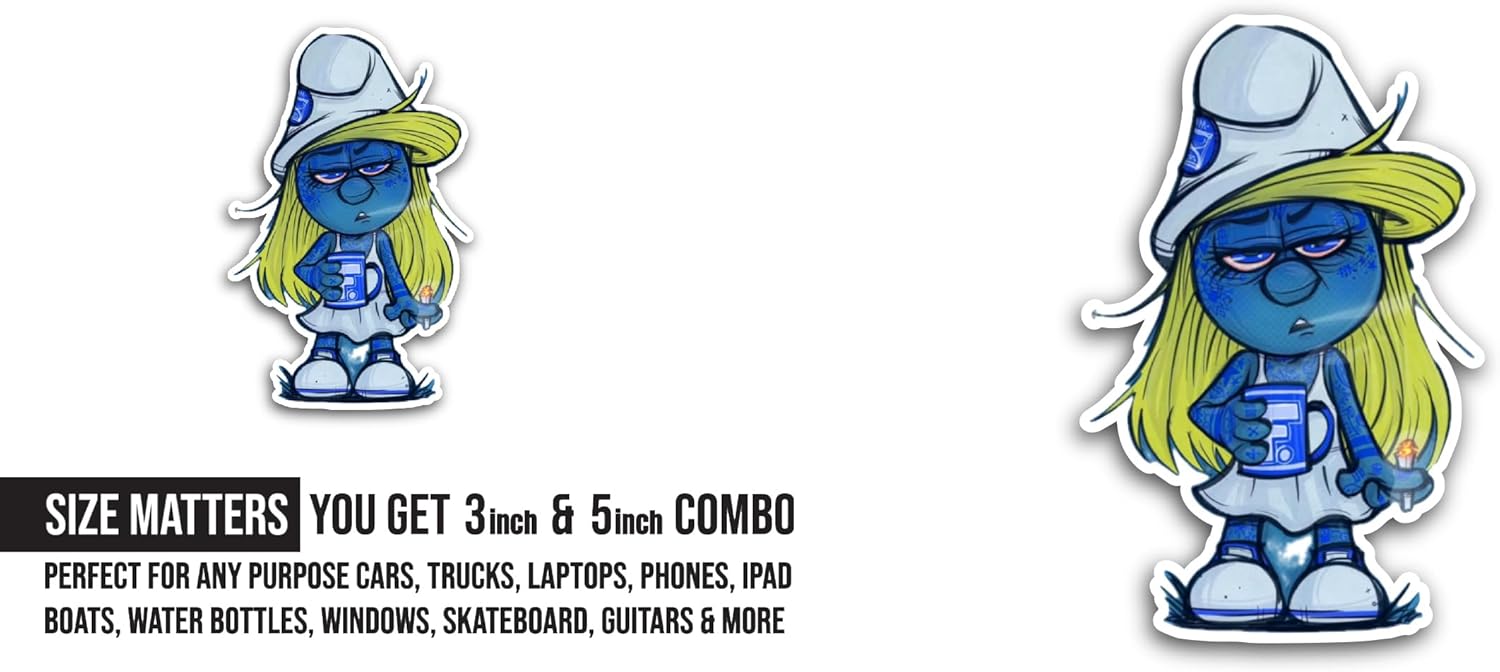 2 (Pieces) 3" and 5" Blue Smurf Sticker, Waterproof Vinyl Decals for Many Purpose Like Cars, Trucks, Laptops, Phones, Windows and More