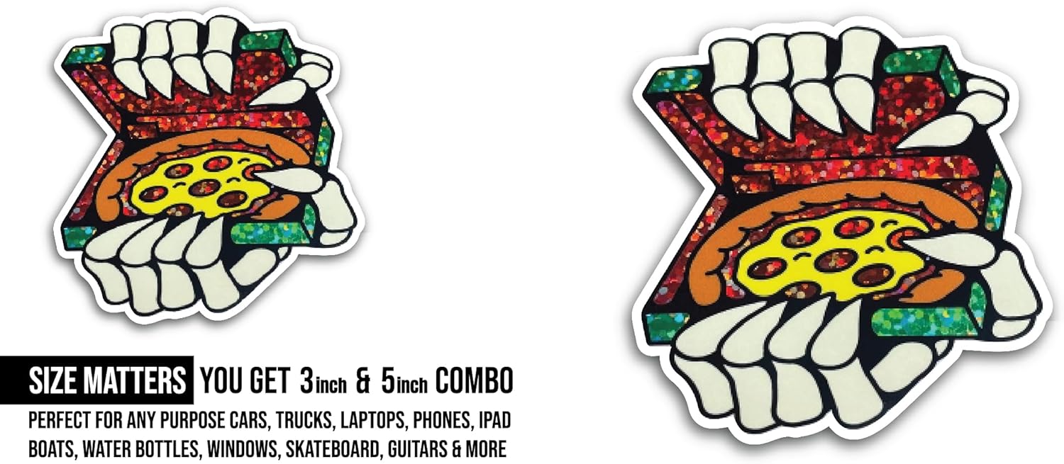 2 (Pieces) 3" and 5" Pizza with Skeleton Hand Sticker, Waterproof Vinyl Decals for Many Purpose Like Cars, Trucks, Laptops, Phones, Windows and More