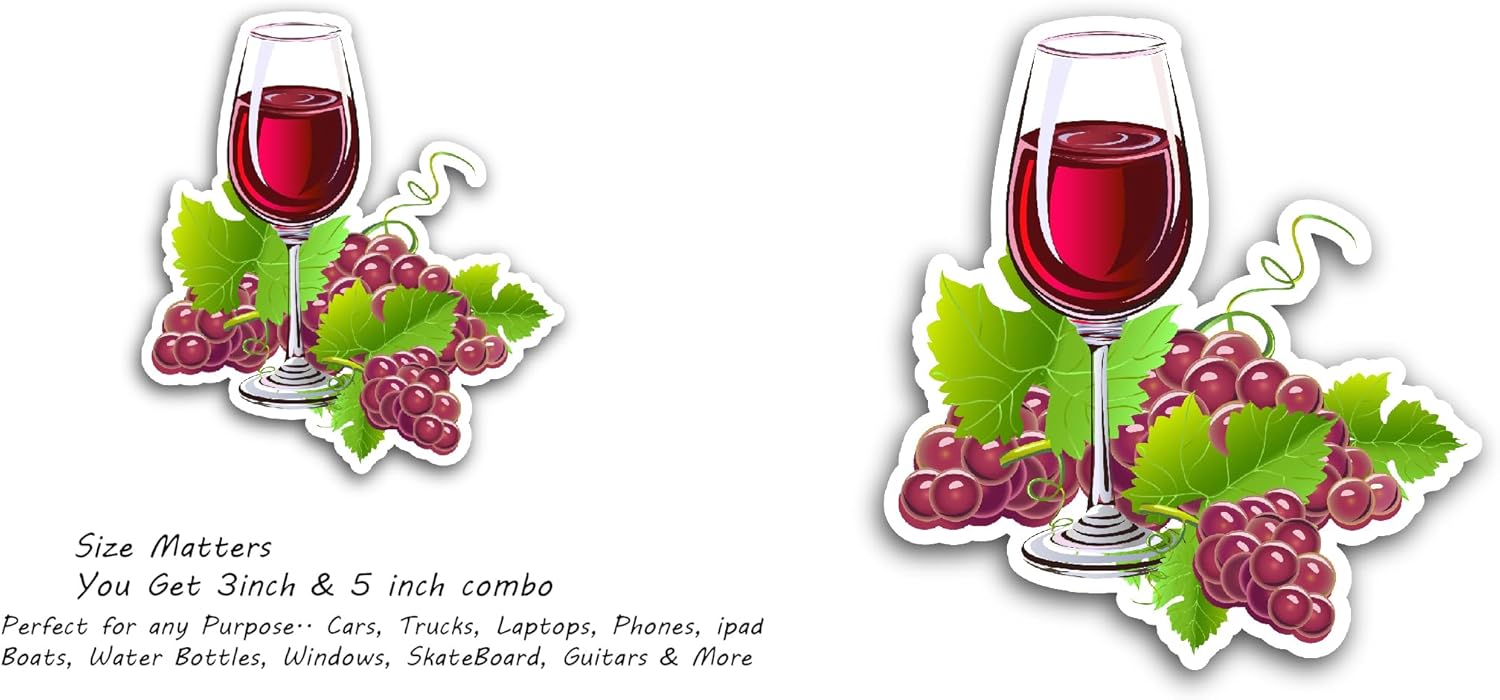 2 (Pieces) 3" and 5" Red Wine Drink Glass Grape Sticker, Waterproof Vinyl Decals for Many Purpose Like Cars, Trucks, Laptops, Phones, Windows and More