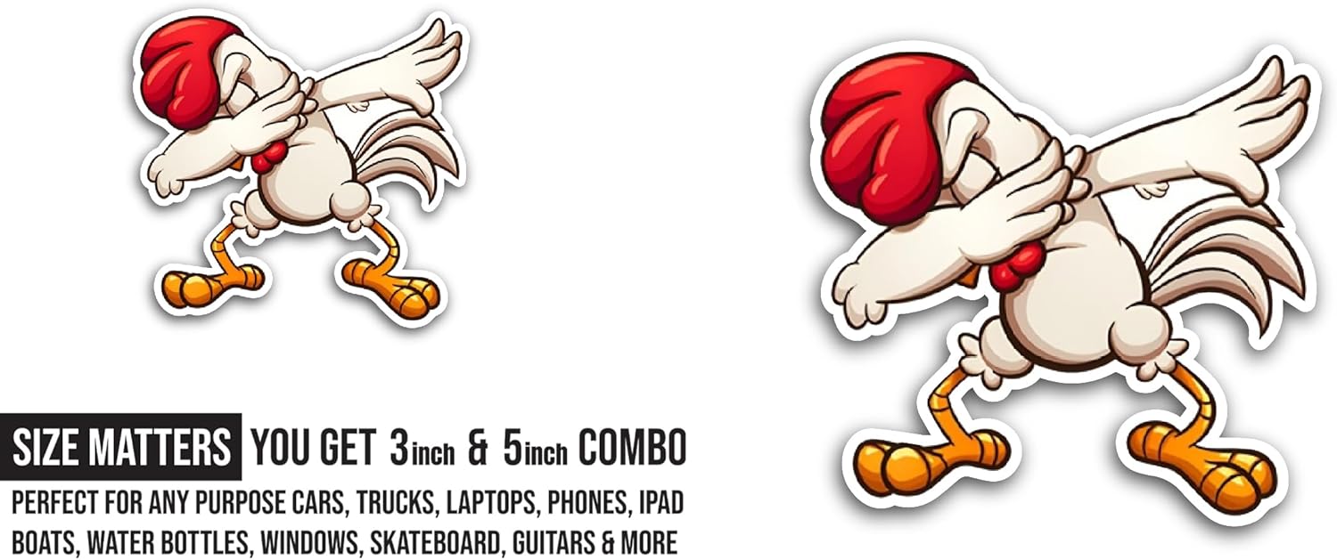 2 (Pieces) 3" and 5" Cartoon Chicken Sticker, Waterproof Vinyl Decals for Many Purpose Like Cars, Trucks, Laptops, Phones, Windows and More