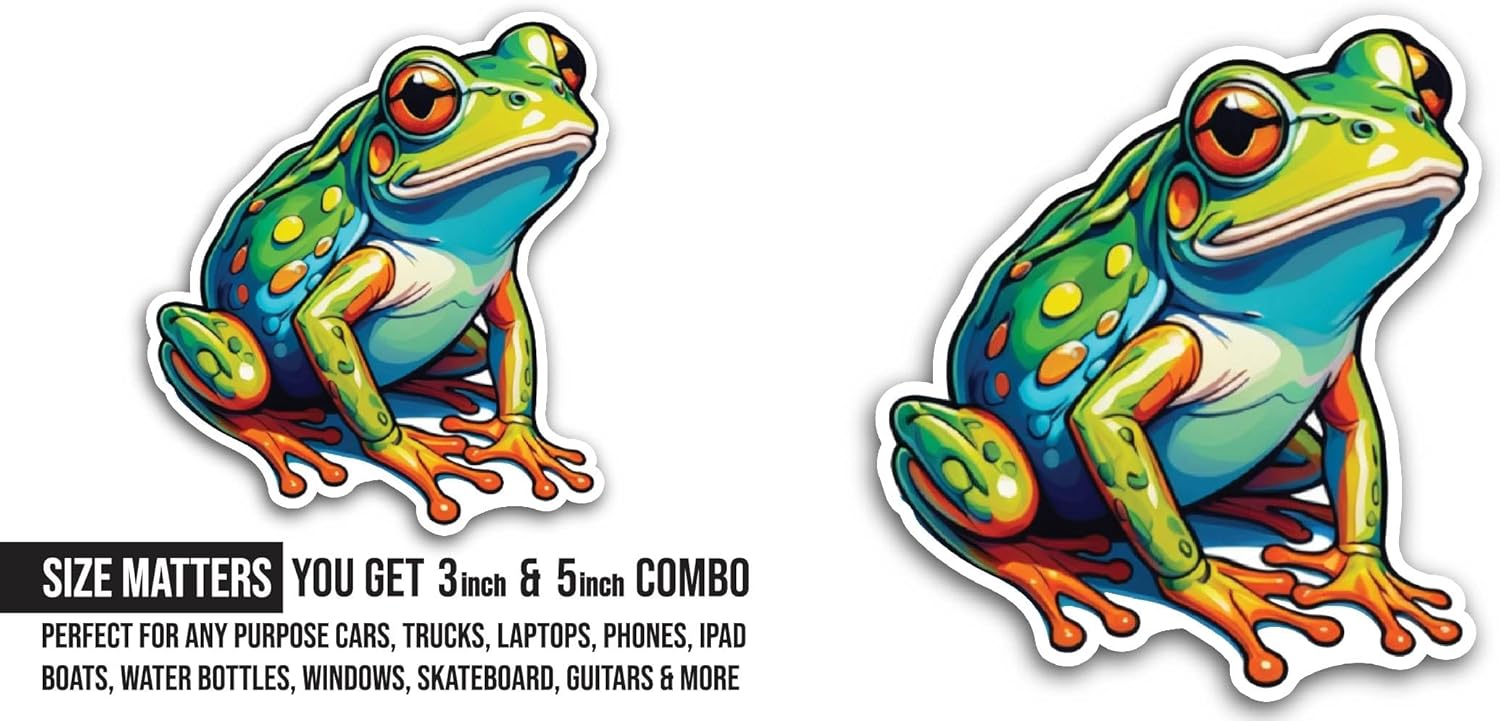 2 (Pieces) 3" and 5" Cartoon Frog Sticker, Waterproof Vinyl Decals for Many Purpose Like Cars, Trucks, Laptops, Phones, Windows and More