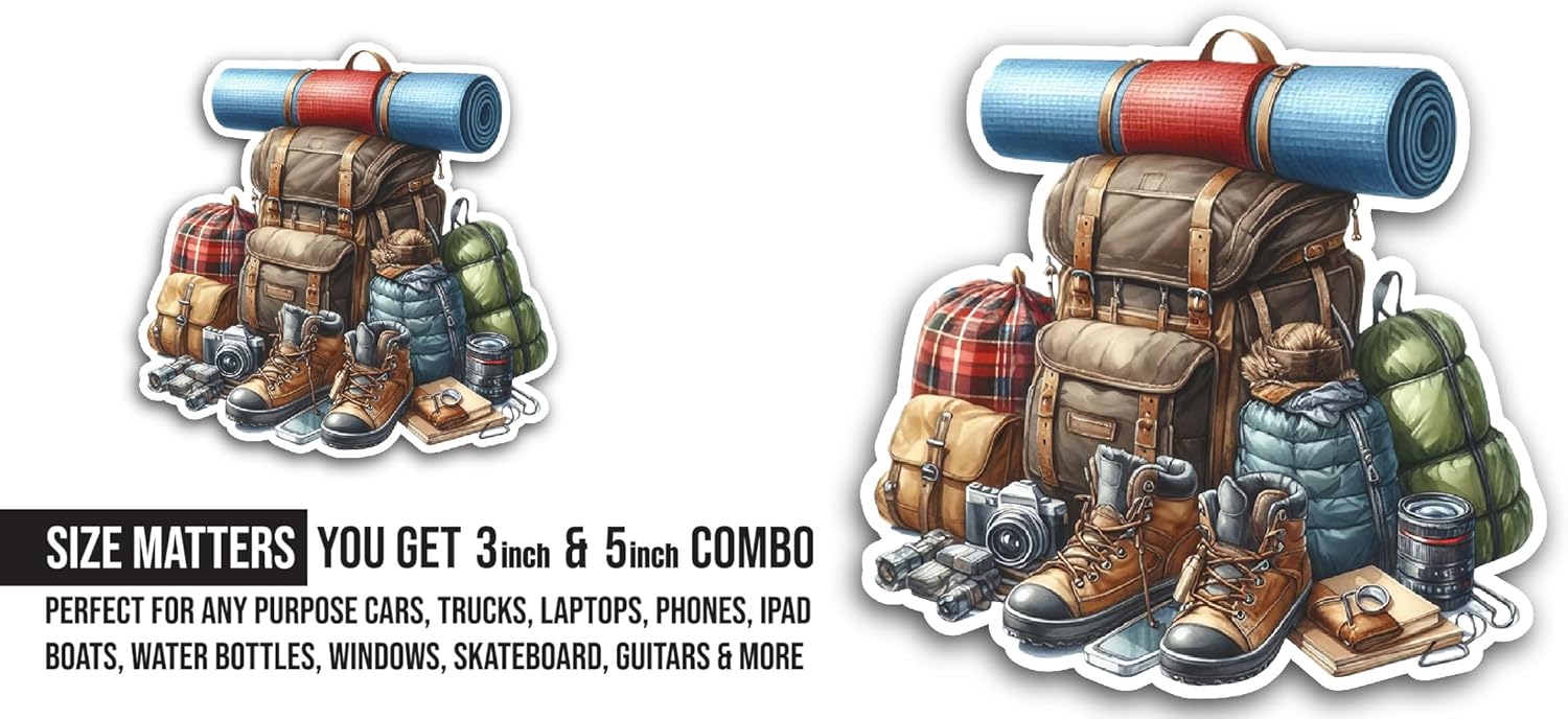 2 (Pieces) 3" and 5" Camping Equipment Sticker, Waterproof Vinyl Decals for Many Purpose Like Cars, Trucks, Laptops, Phones, Windows and More
