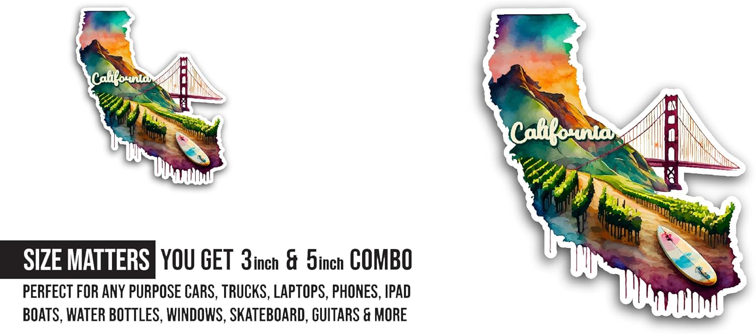 2 (Pieces) 3" and 5" California Sticker, Waterproof Vinyl Decals for Many Purpose Like Cars, Trucks, Laptops, Phones, Windows and More