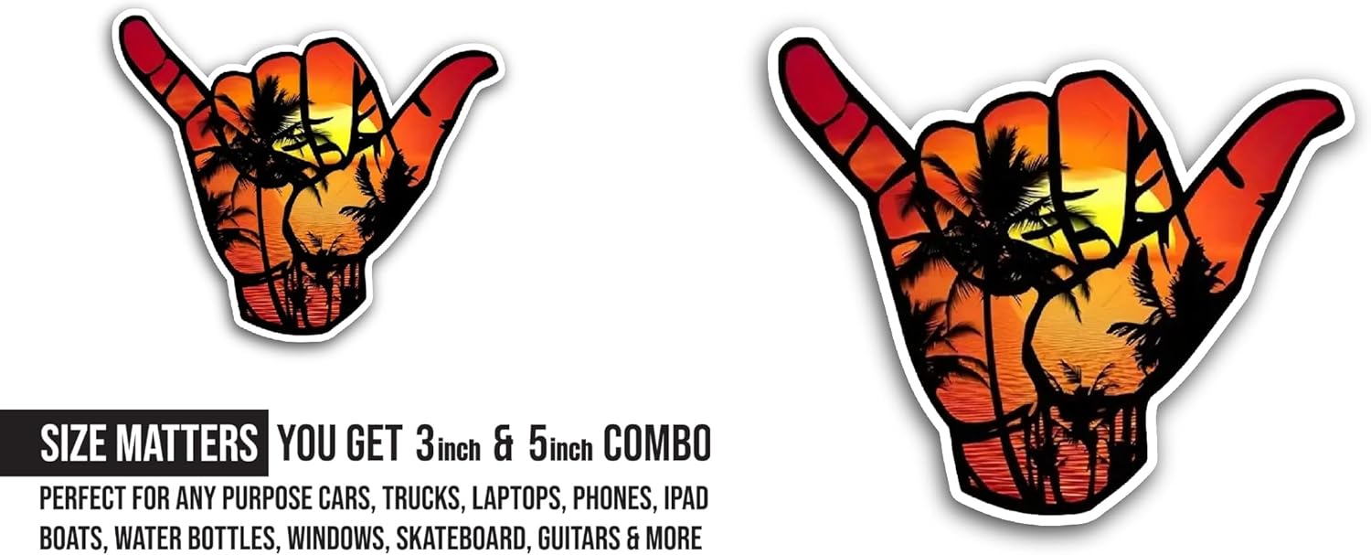 2 (Pieces) 3" and 5" Hand Sign With Sun Set Sticker, Waterproof Vinyl Decals for Many Purpose Like Cars, Trucks, Laptops, Phones, Windows and More
