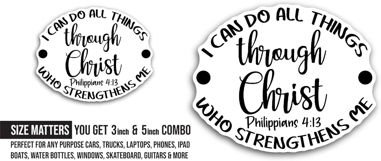 2 (Pieces) 3" and 5" I Can Do All Things Through Christ Text Sticker, Waterproof Vinyl Decals for Many Purpose Like Cars, Trucks, Laptops, Phones, Windows and More