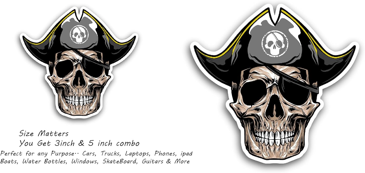 2 (Pieces) 3" and 5" Skull Pirate with Black Cap Sticker, Waterproof Vinyl Decals for Many Purpose Like Cars, Trucks, Laptops, Phones, Windows and More