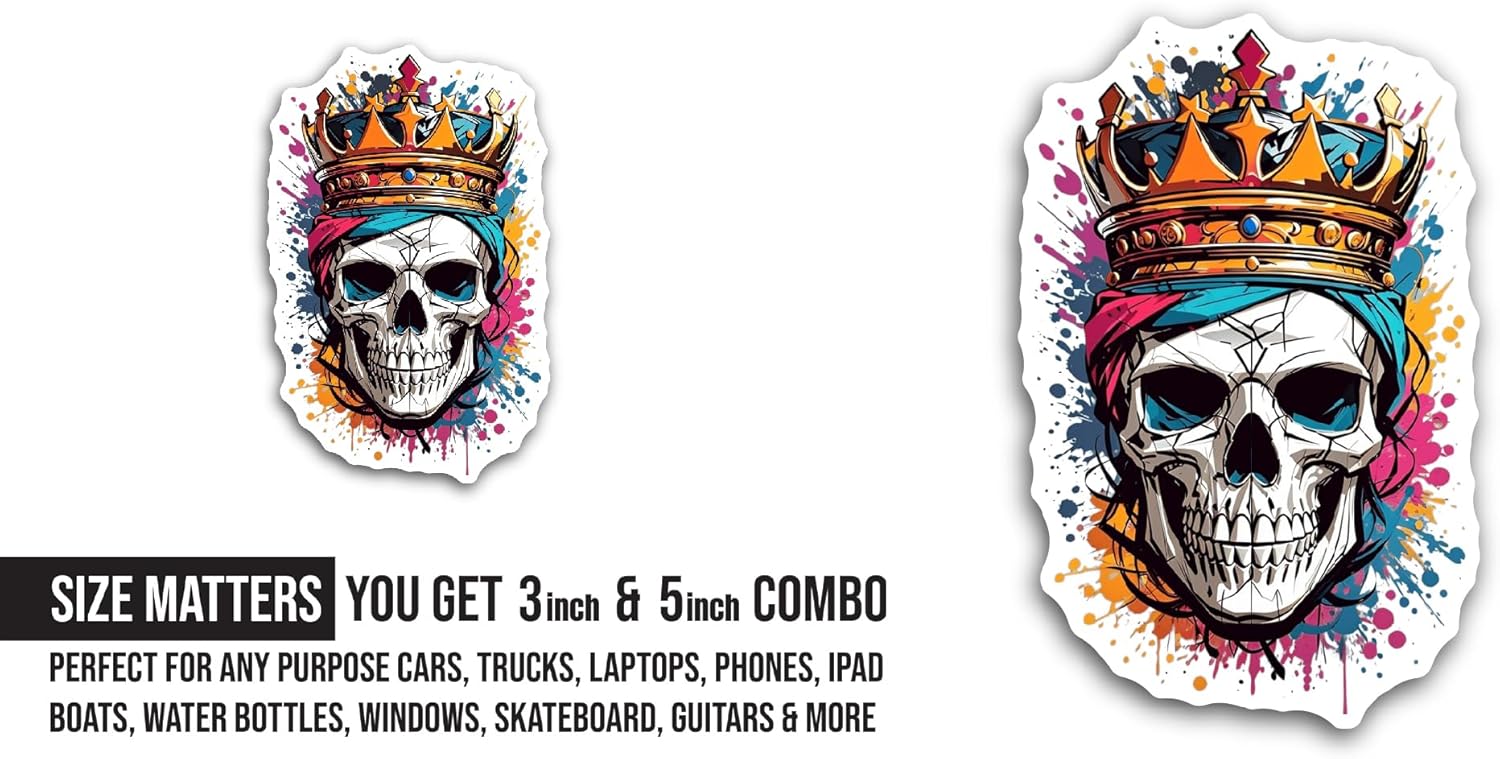 2 (Pieces) 3" and 5" Face Skull Crown Sticker, Waterproof Vinyl Decals for Many Purpose Like Cars, Trucks, Laptops, Phones, Windows and More