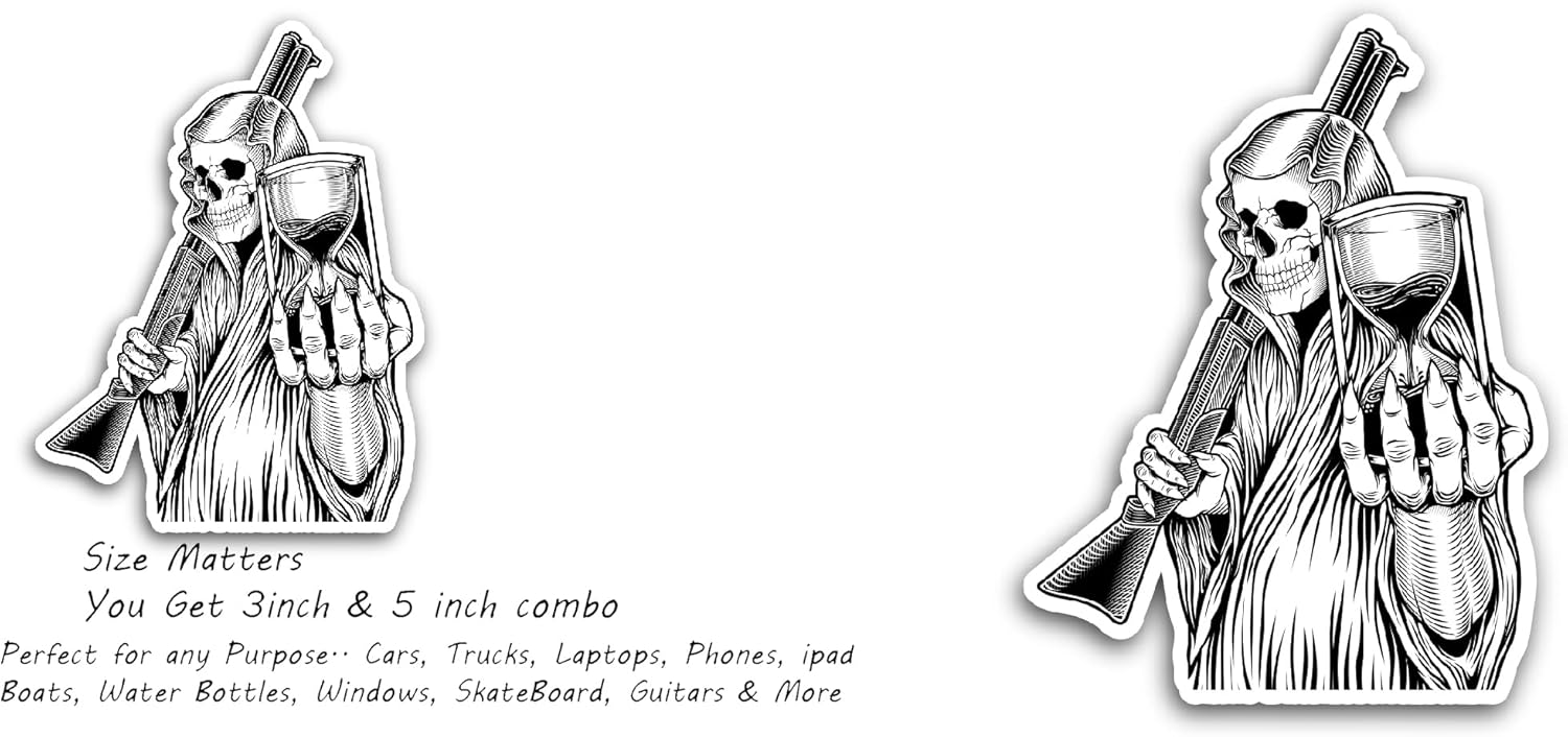 2 (Pieces) 3"" and 5"" Skull with Gun Decal Sticker Waterproof Vinyl Decals for Many Purpose Like Cars, Trucks, Laptops, Phones, Windows and More