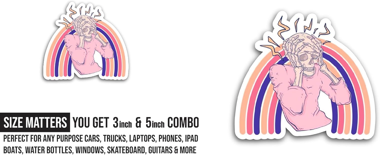 2 (Pieces) 3" and 5" Skull and Rainbow Sticker, Waterproof Vinyl Decals for Many Purpose Like Cars, Trucks, Laptops, Phones, Windows and More