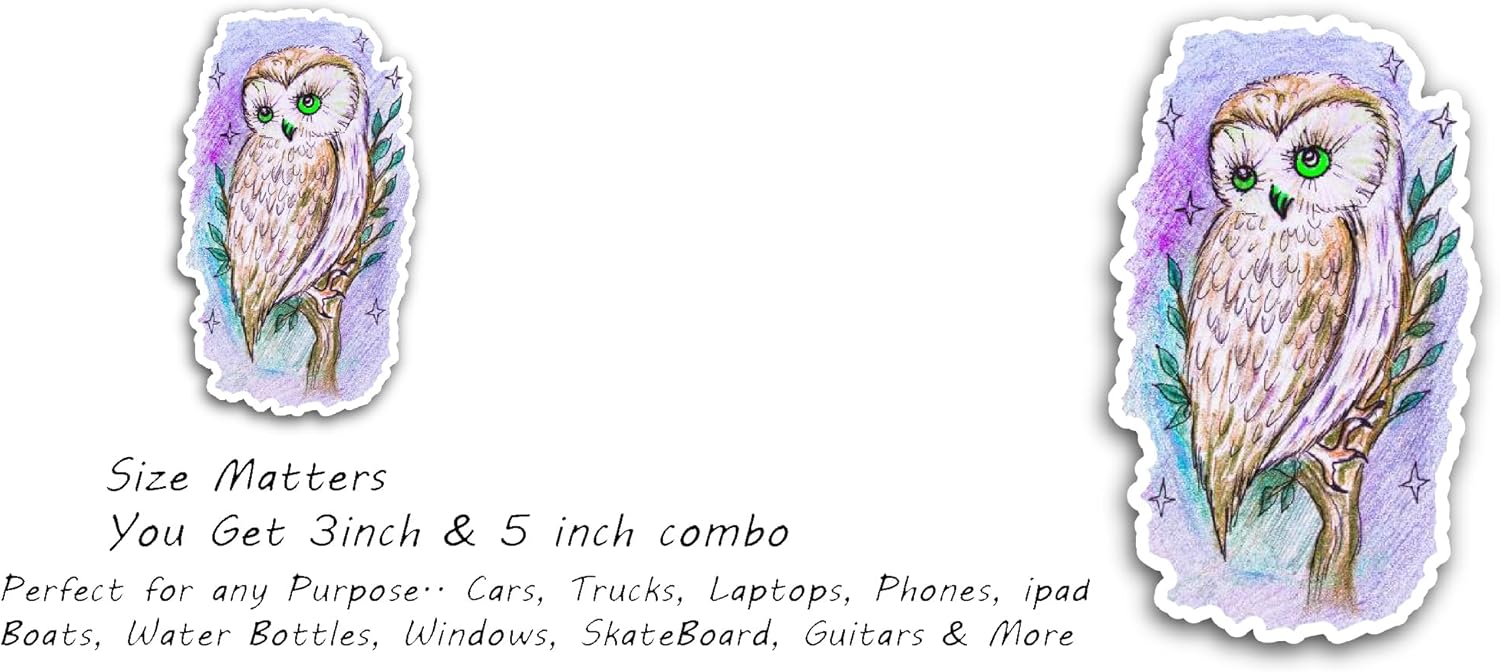 2 (Pieces) 3" and 5" Owl Sketch Sticker, Waterproof Vinyl Decals for Many Purpose Like Cars, Trucks, Laptops, Phones, Windows and More