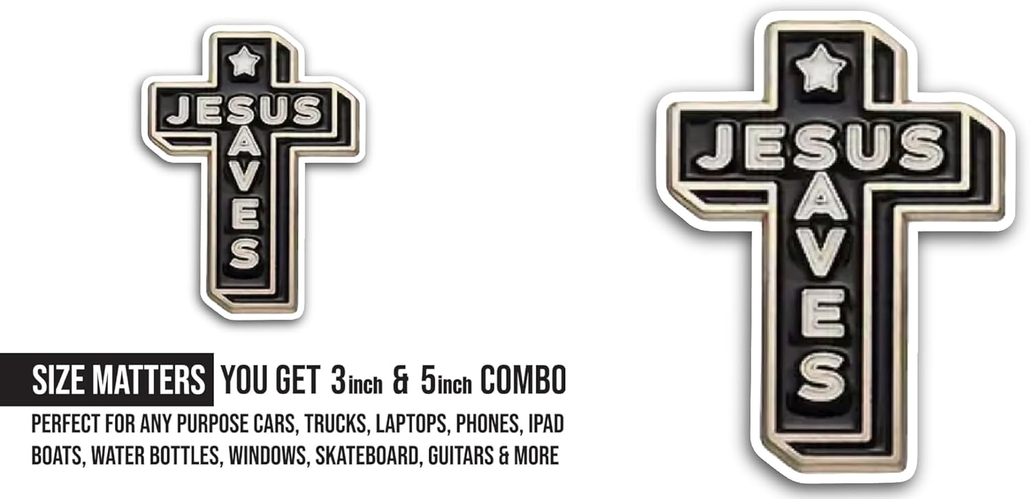 2 (Pieces) 3" and 5" Jesus Saves Cross Sticker, Waterproof Vinyl Decals for Many Purpose Like Cars, Trucks, Laptops, Phones, Windows and More