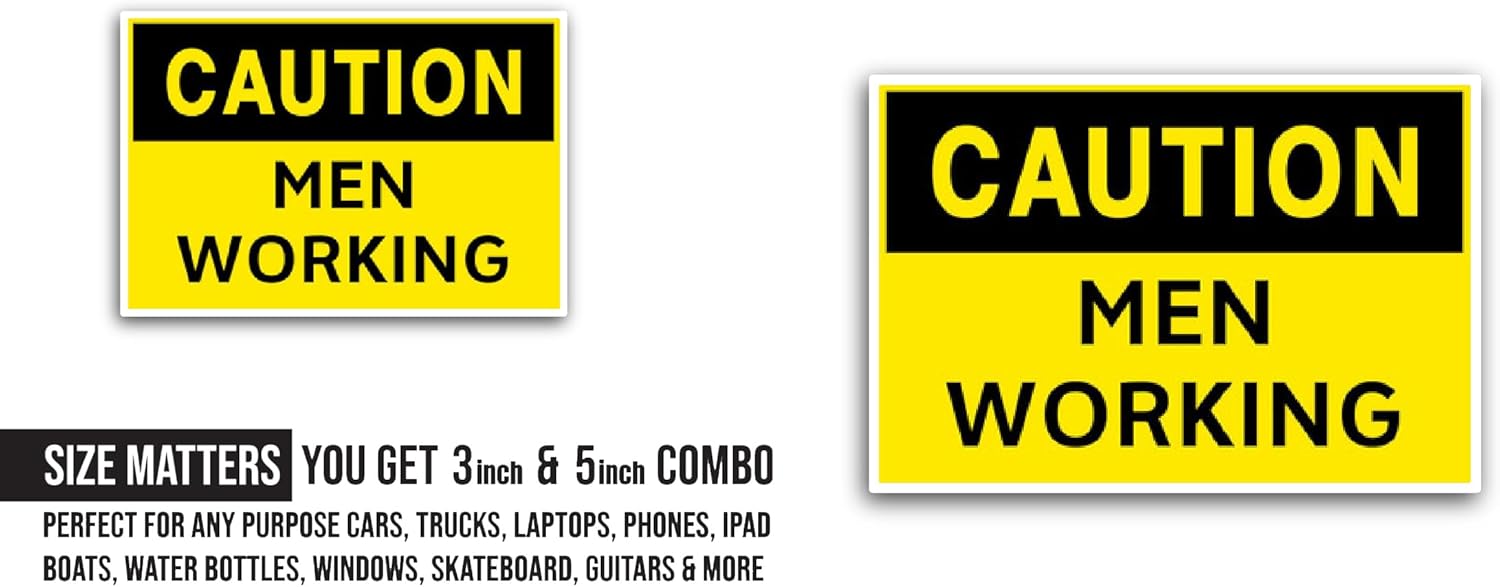 2 (Pieces) 3" and 5" Caution: Men Working Sticker, Waterproof Vinyl Decals for Many Purpose Like Cars, Trucks, Laptops, Phones, Windows and More