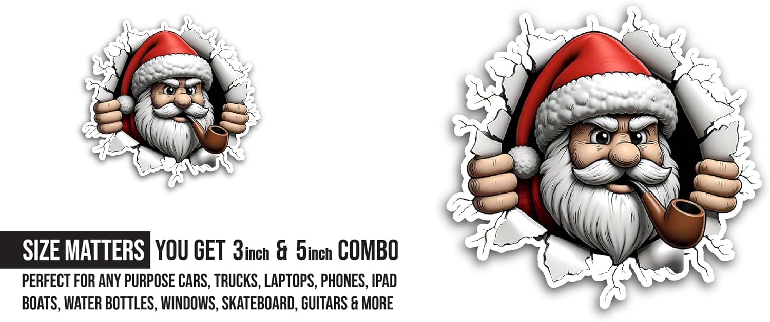2 (Pieces) 3" and 5" Cute Santa Sticker, Waterproof Vinyl Decals for Many Purpose Like Cars, Trucks, Laptops, Phones, Windows and More