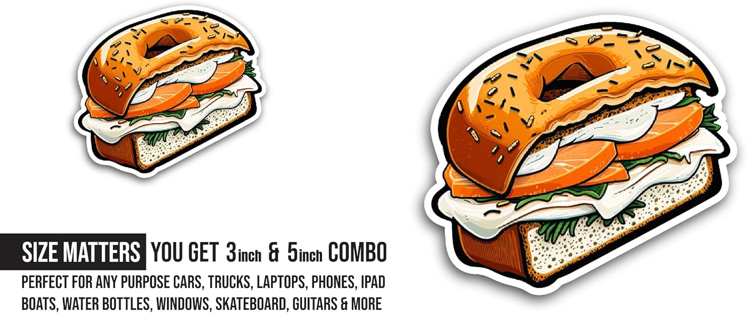 2 (Pieces) 3" and 5" Bagel with Red Fish Sticker, Waterproof Vinyl Decals for Many Purpose Like Cars, Trucks, Laptops, Phones, Windows and More