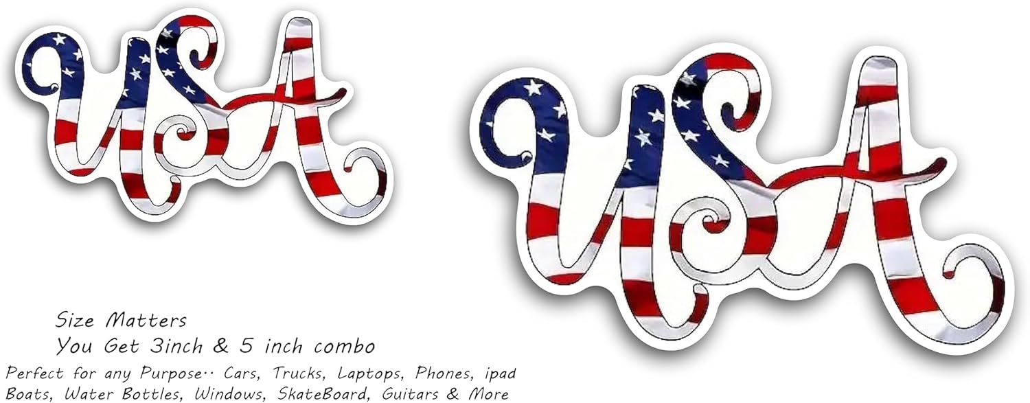 2 (Pieces) 3" and 5" USA Word in American Flag Color Decal Sticker, Waterproof Vinyl Decals for Many Purpose Like Cars, Trucks, Laptops, Phones, Windows and More