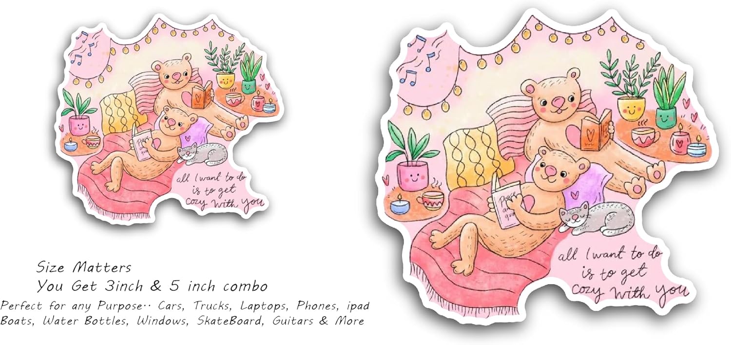 2 (Pieces) 3" and 5" Couple of Bears Reading Books Sticker, Waterproof Vinyl Decals for Many Purpose Like Cars, Trucks, Laptops, Phones, Windows and More