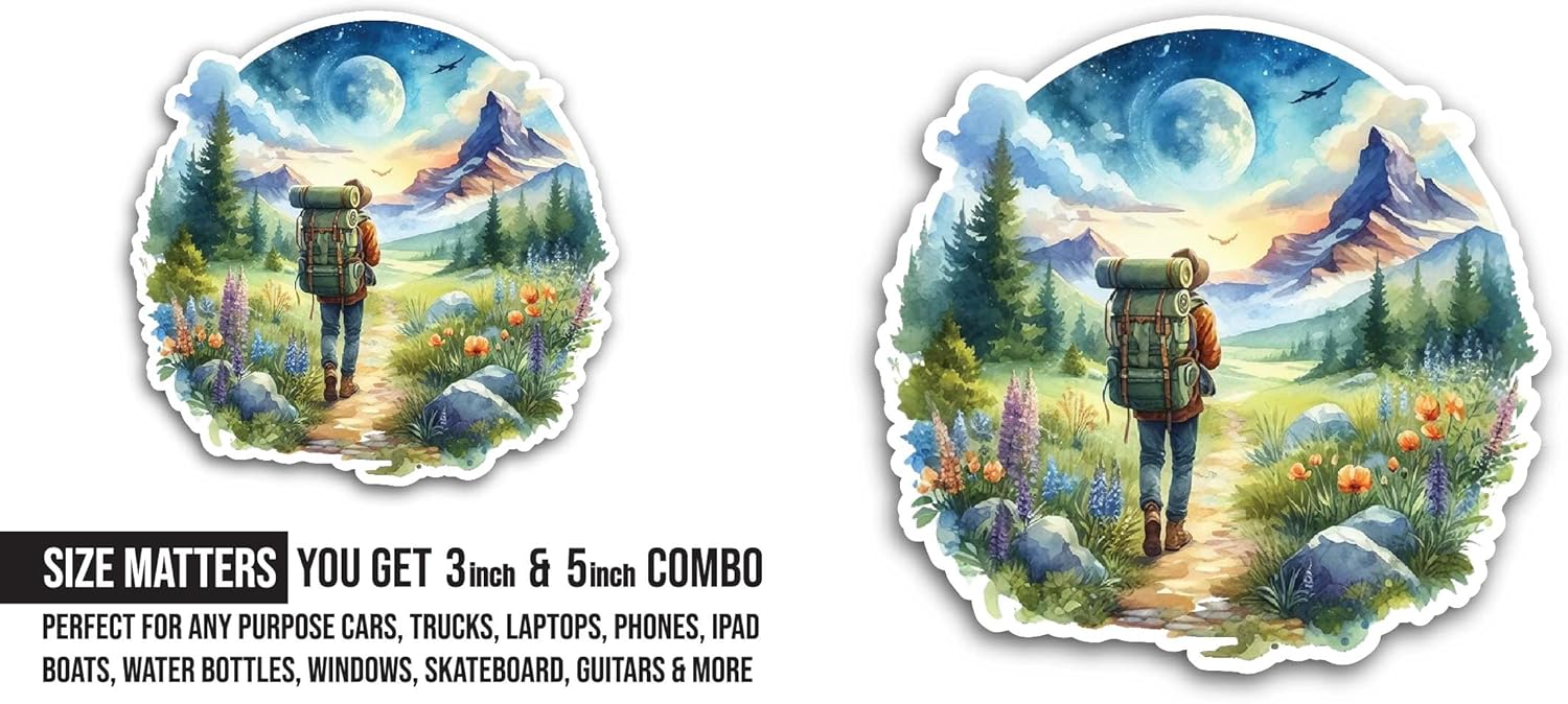 2 (Pieces) 3" and 5" Hiker with A Mountain Landscape Sticker, Waterproof Vinyl Decals for Many Purpose Like Cars, Trucks, Laptops, Phones, Windows and More