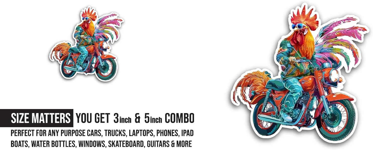 2 (Pieces) 3" and 5" Motorcycle Rooster Sticker, Waterproof Vinyl Decals for Many Purpose Like Cars, Trucks, Laptops, Phones, Windows and More