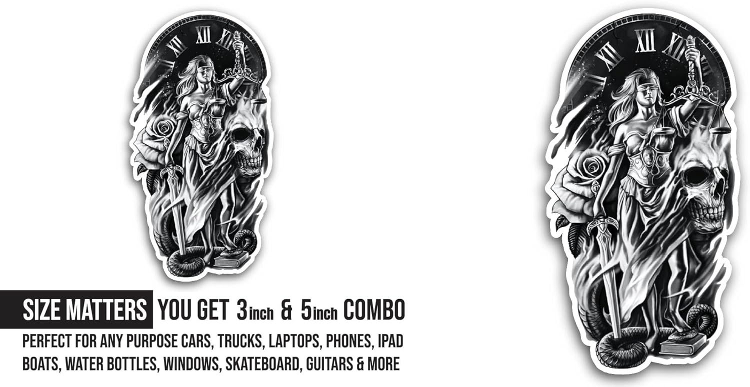 2 (Pieces) 3" and 5" Lady Justice Sticker, Waterproof Vinyl Decals for Many Purpose Like Cars, Trucks, Laptops, Phones, Windows and More