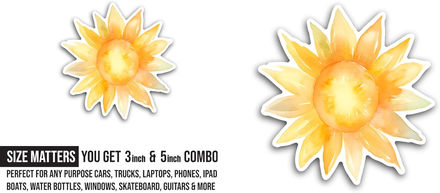 2 (Pieces) 3" and 5" Yellow Sun Sticker, Waterproof Vinyl Decals for Many Purpose Like Cars, Trucks, Laptops, Phones, Windows and More