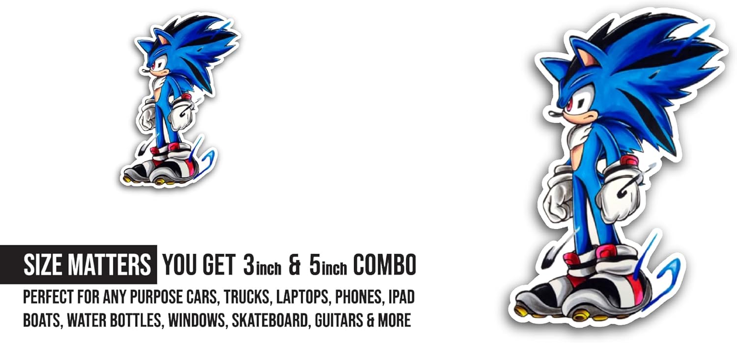 2 (Pieces) 3" and 5" S0nic Cartoon Sticker, Waterproof Vinyl Decals for Many Purpose Like Cars, Trucks, Laptops, Phones, Windows and More
