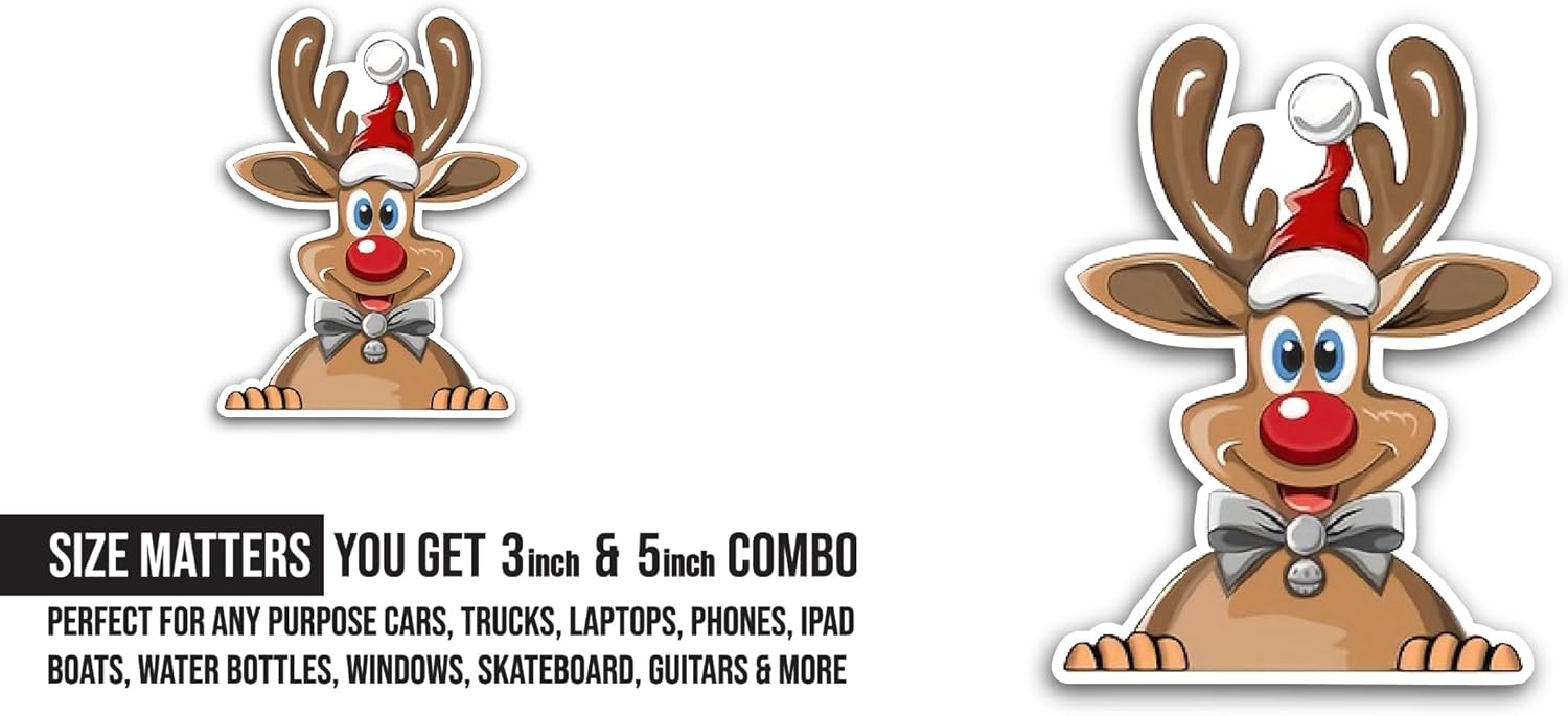2 (Pieces) 3" and 5" Cute Christmas Reindeer Sticker, Waterproof Vinyl Decals for Many Purpose Like Cars, Trucks, Laptops, Phones, Windows and More
