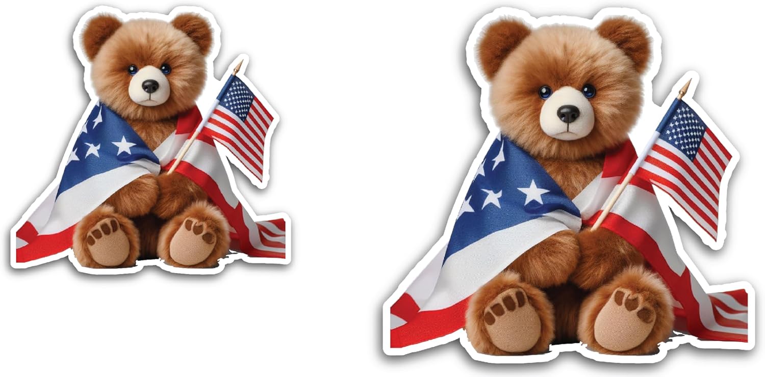 2 (Pieces) 3" and 5" Teddy Bear with American Flag in HandDecal Sticker,Waterproof Vinyl Decals for Many Purpose Like Cars, Trucks, Laptops, Phones, Windows and More