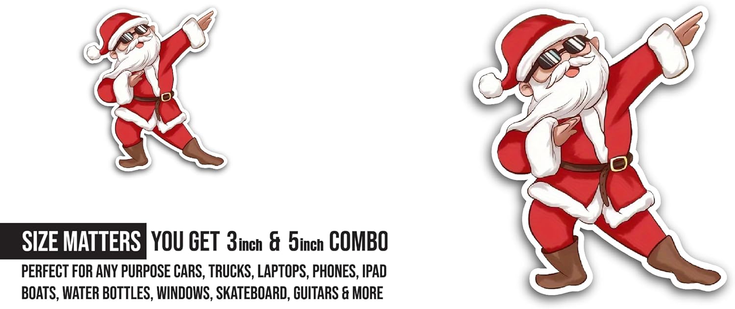 2 (Pieces) 3" and 5" Dancing Santa Sticker, Waterproof Vinyl Decals for Many Purpose Like Cars, Trucks, Laptops, Phones, Windows and More
