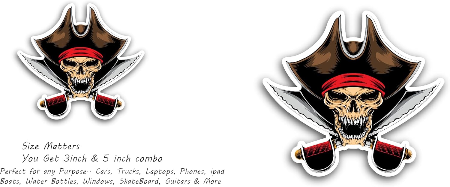 2 (Pieces) 3" and 5" Crossbone Skull Pirate Sticker, Waterproof Vinyl Decals for Many Purpose Like Cars, Trucks, Laptops, Phones, Windows and More