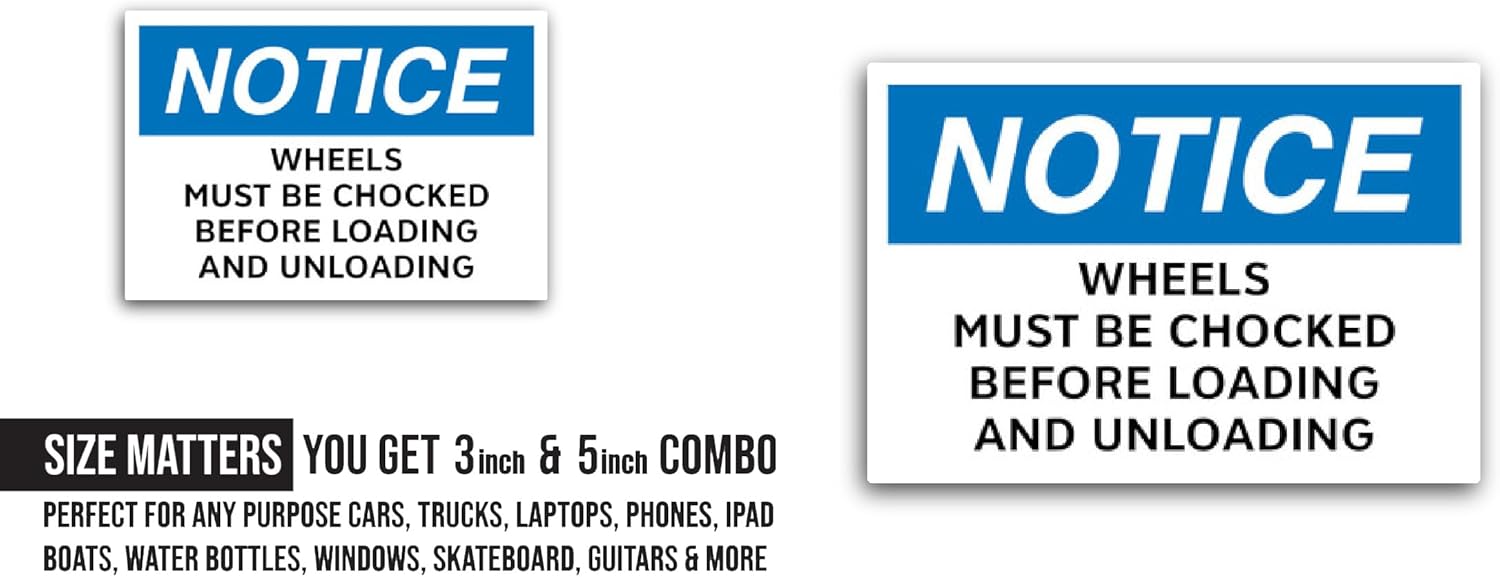 2 (Pieces) 3" and 5" Notice Wheels Must Be Chocked Sign Sticker, Waterproof Vinyl Decals for Many Purpose Like Cars, Trucks, Laptops, Phones, Windows and More