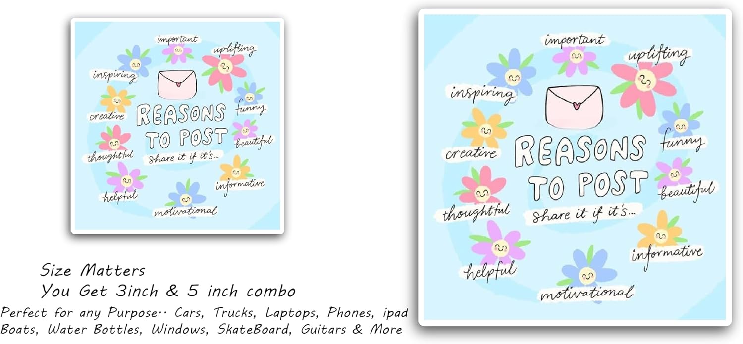 2 (Pieces) 3" and 5" Reasons to Post Text Floral Background Sticker, Waterproof Vinyl Decals for Many Purpose Like Cars, Trucks, Laptops, Phones, Windows and More