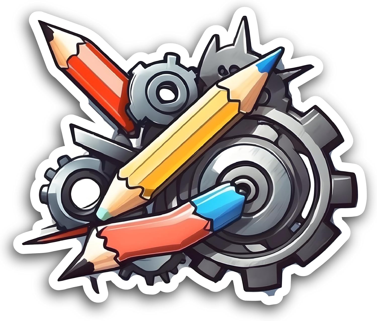 2 (Pieces) 3" and 5" Mechanical Gears with Pencils Sticker, Waterproof Vinyl Decals for Many Purpose Like Cars, Trucks, Laptops, Phones, Windows and More