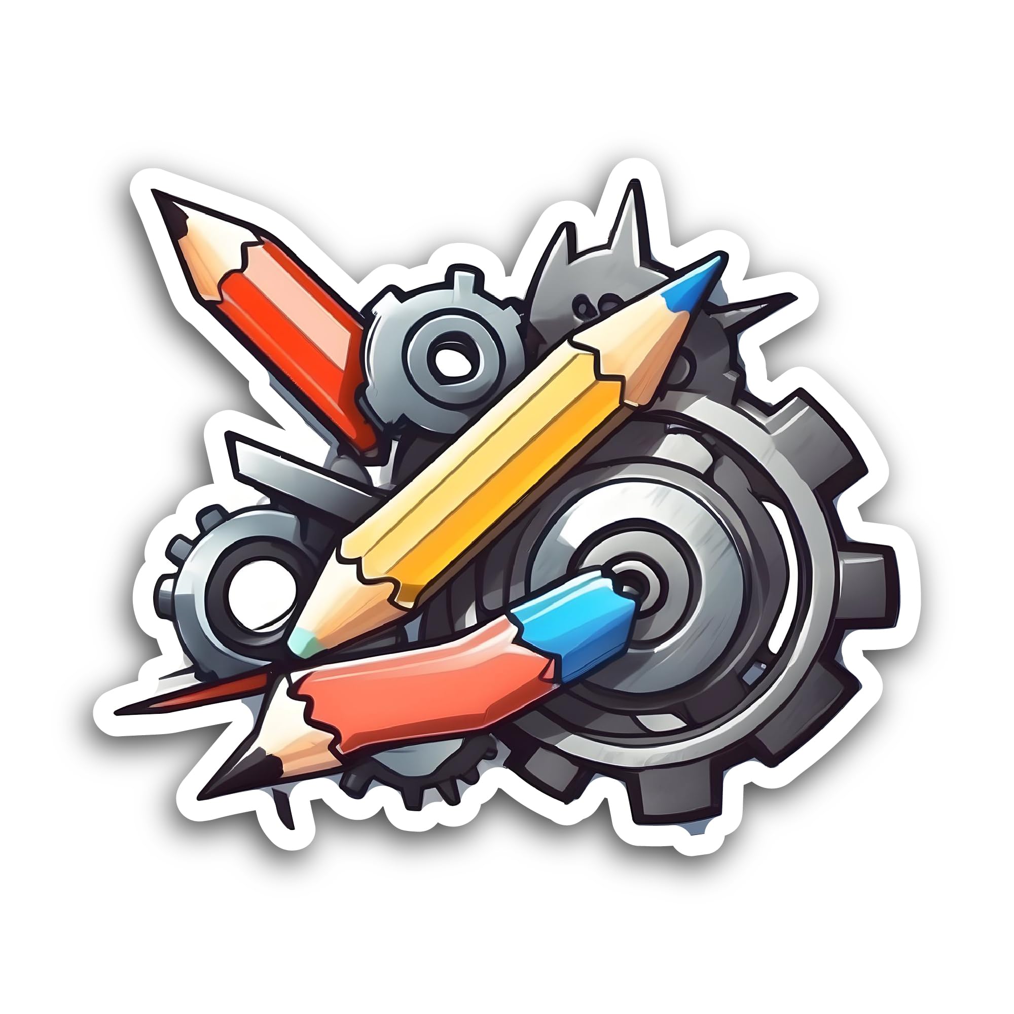 2 (Pieces) 3" and 5" Mechanical Gears with Pencils Sticker, Waterproof Vinyl Decals for Many Purpose