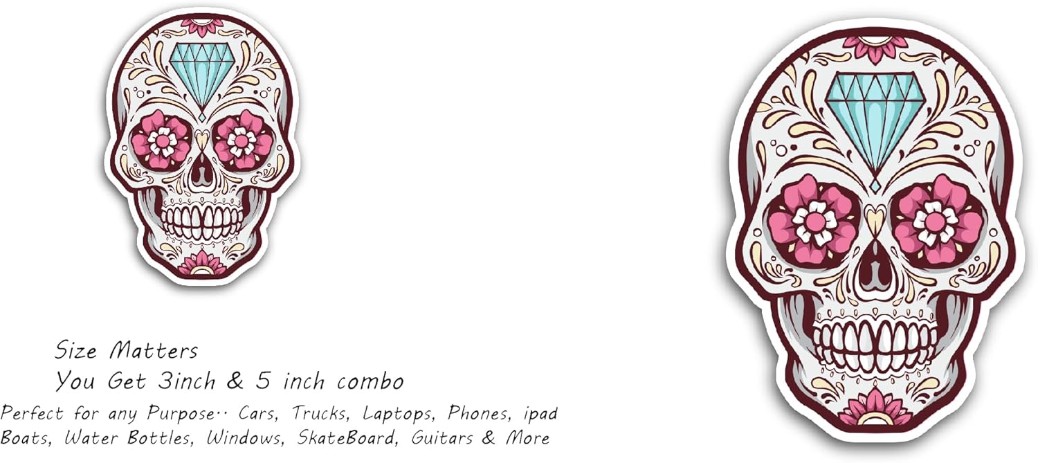 2 (Pieces) 3" and 5" Sugar Skull Decal Sticker, Waterproof Vinyl Decals for Many Purpose Like Cars, Trucks, Laptops, Phones, Windows and More