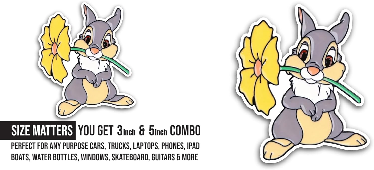 2 (Pieces) 3" and 5" Rabbit with Yellow Flower Sticker, Waterproof Vinyl Decals for Many Purpose Like Cars, Trucks, Laptops, Phones, Windows and More