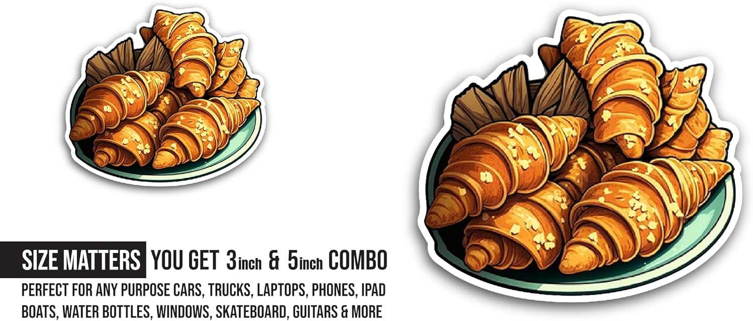 2 (Pieces) 3" and 5" Croissant Sticker, Waterproof Vinyl Decals for Many Purpose Like Cars, Trucks, Laptops, Phones, Windows and More
