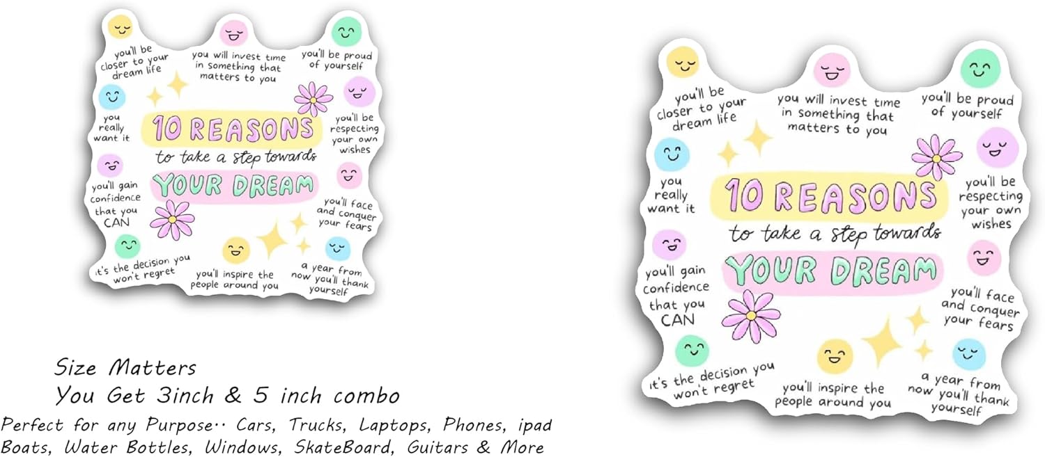 2 (Pieces) 3" and 5" Reasons to Take A Step Towards Your Dream Text Sticker, Waterproof Vinyl Decals for Many Purpose Like Cars, Trucks, Laptops, Phones, Windows and More
