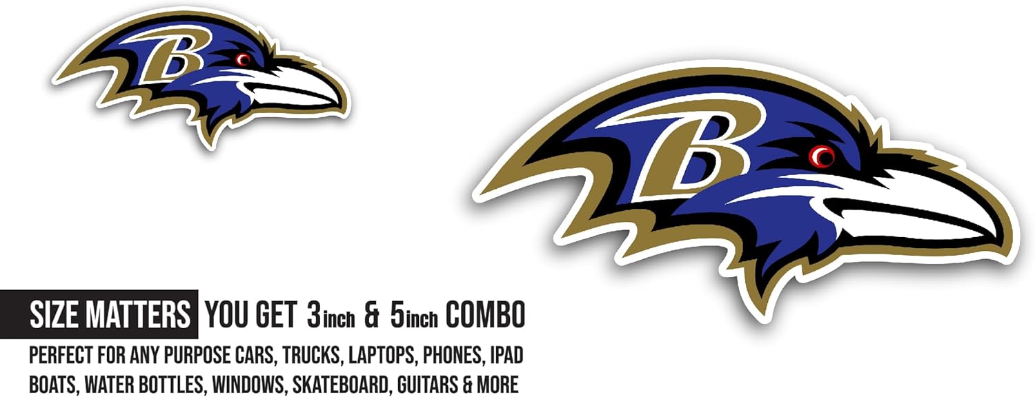 2 (Pieces) 3" and 5" Baltim0re Ravens Decal Sticker, Waterproof Vinyl Decals for Many Purpose Like Cars, Trucks, Laptops, Phones, Windows and More