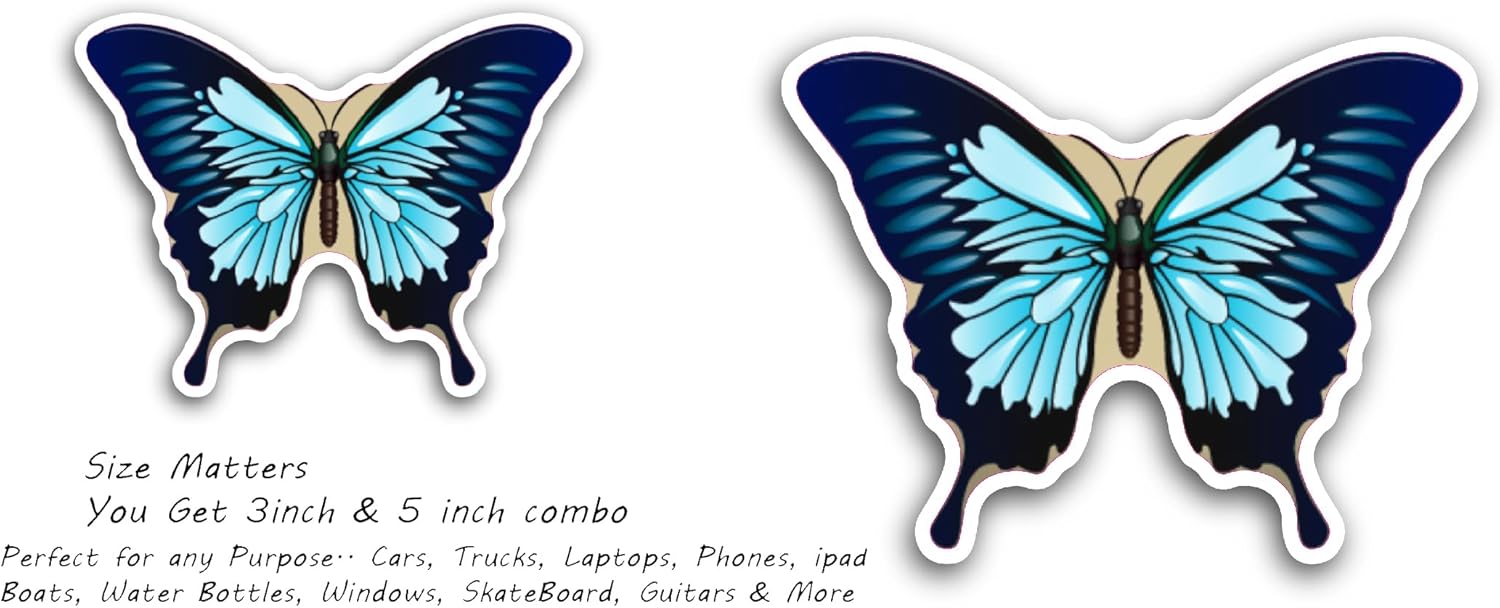 2 (Pieces) 3" and 5" Big Blue Butterfly Sticker, Waterproof Vinyl Decals for Many Purpose Like Cars, Trucks, Laptops, Phones, Windows and More