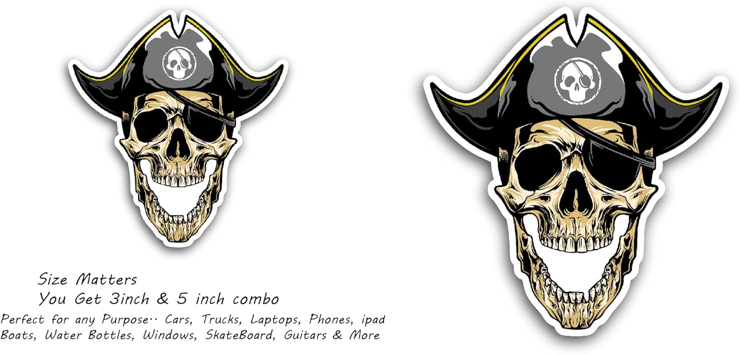 2 (Pieces) 3" and 5" Captain Pirate Skull Head Sticker, Waterproof Vinyl Decals for Many Purpose Like Cars, Trucks, Laptops, Phones, Windows and More