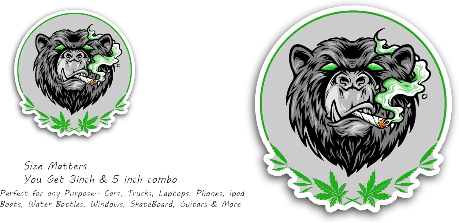 2 (Pieces) 3" and 5" Bear Smoking Marijuana Sticker, Waterproof Vinyl Decals for Many Purpose Like Cars, Trucks, Laptops, Phones, Windows and More