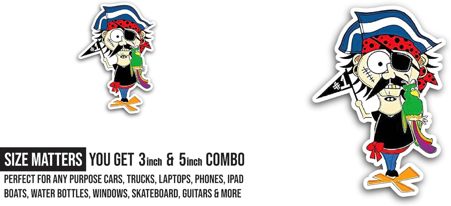 2 (Pieces) 3" and 5" Pirate Cartoon Sticker, Waterproof Vinyl Decals for Many Purpose Like Cars, Trucks, Laptops, Phones, Windows and More