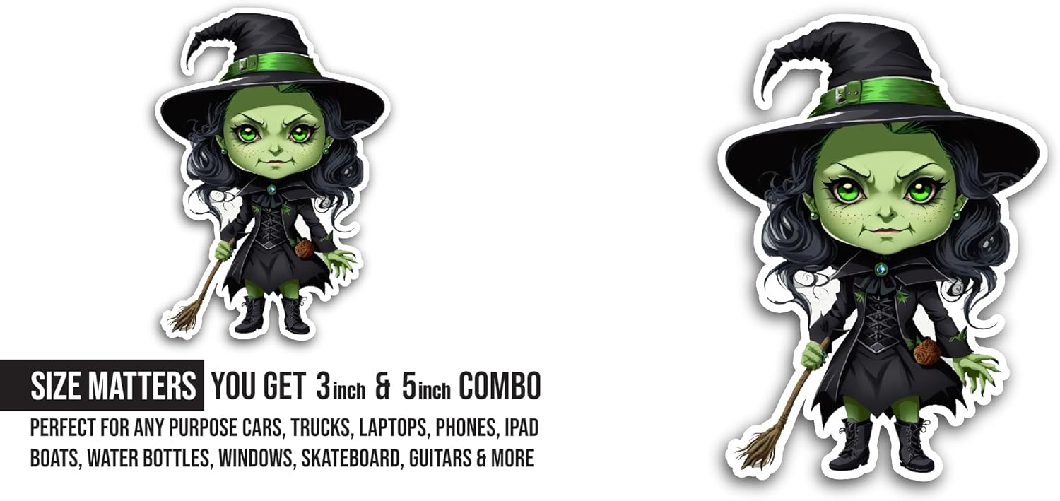 2 (Pieces) 3" and 5" Wicked Witch Sticker, Waterproof Vinyl Decals for Many Purpose Like Cars, Trucks, Laptops, Phones, Windows and More