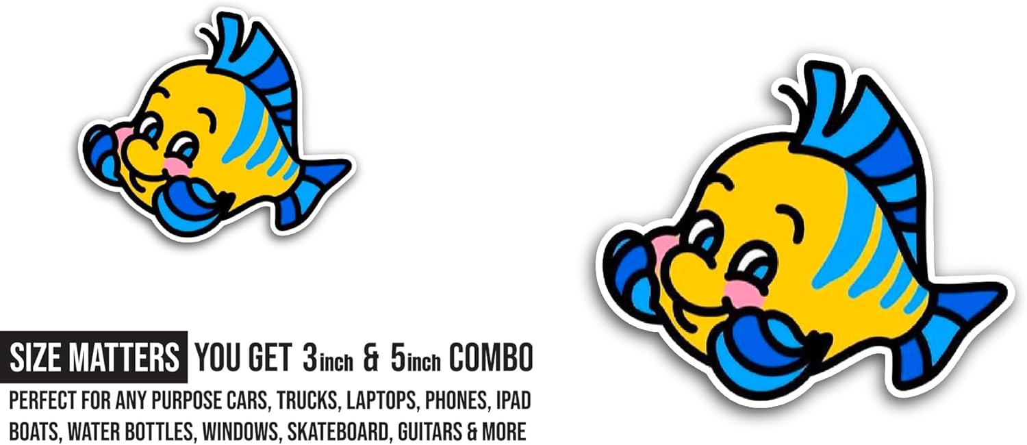 2 (Pieces) 3" and 5" Cartoon Cute Fish Sticker, Waterproof Vinyl Decals for Many Purpose Like Cars, Trucks, Laptops, Phones, Windows and More