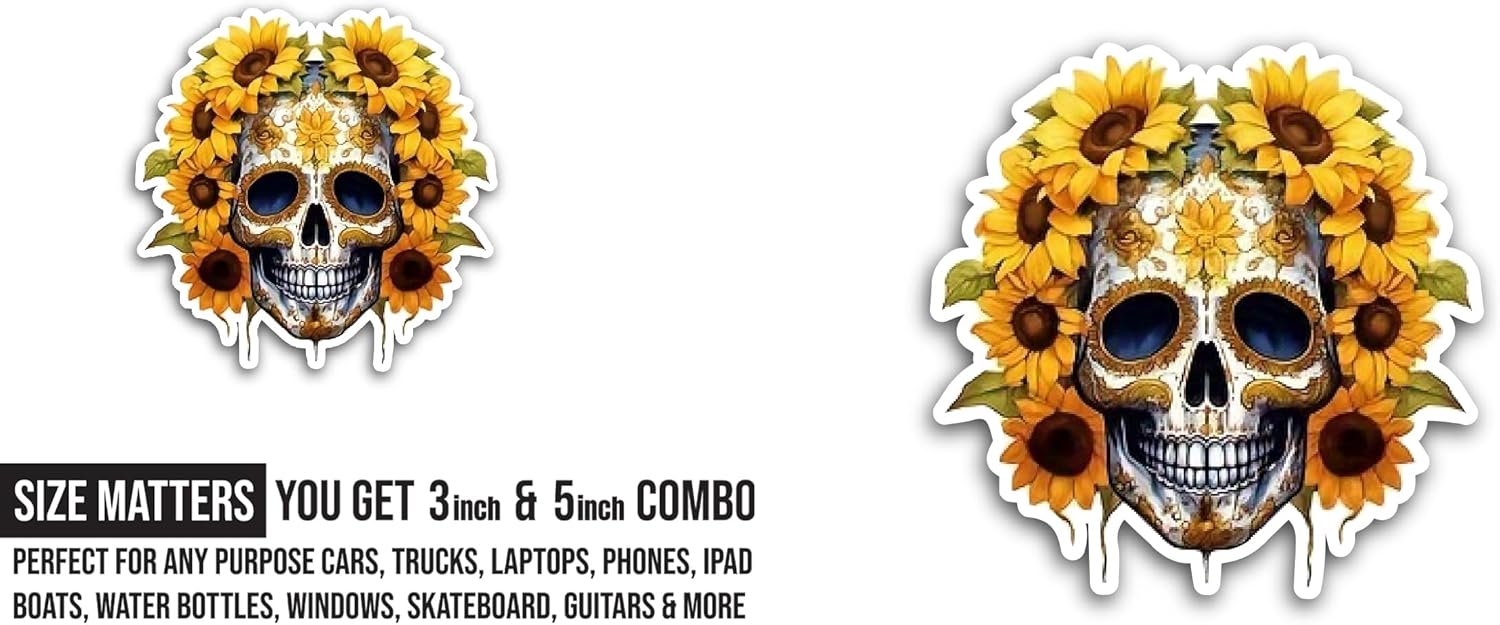 2 (Pieces) 3" and 5" Skull with Sunflowers Sticker, Waterproof Vinyl Decals for Many Purpose Like Cars, Trucks, Laptops, Phones, Windows and More