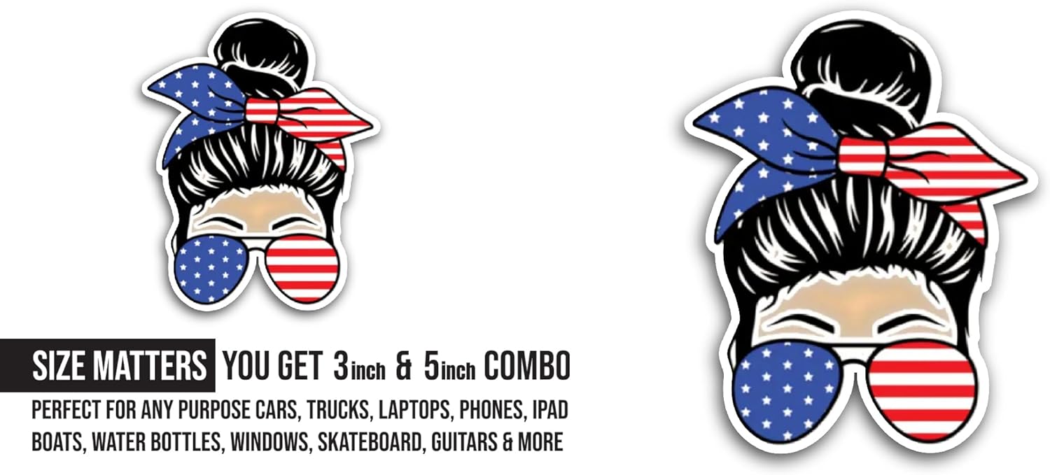 2 (Pieces) 3" and 5" Girl with American Flag Bow Sticker, Waterproof Vinyl Decals for Many Purpose Like Cars, Trucks, Laptops, Phones, Windows and More