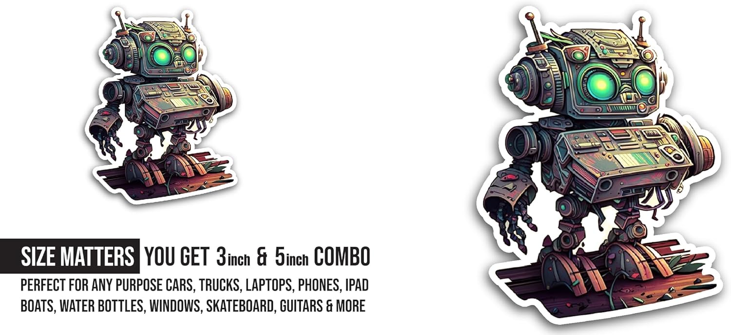 2 (Pieces) 3" and 5" Robot with Green Eyes Sticker, Waterproof Vinyl Decals for Many Purpose Like Cars, Trucks, Laptops, Phones, Windows and More