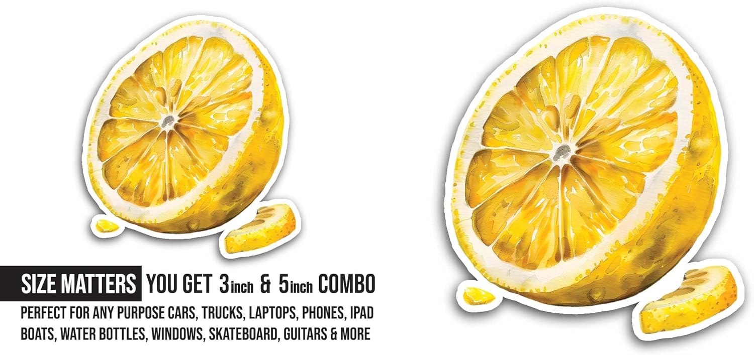 2 (Pieces) 3" and 5" Lemon Slice Sticker, Waterproof Vinyl Decals for Many Purpose Like Cars, Trucks, Laptops, Phones, Windows and More