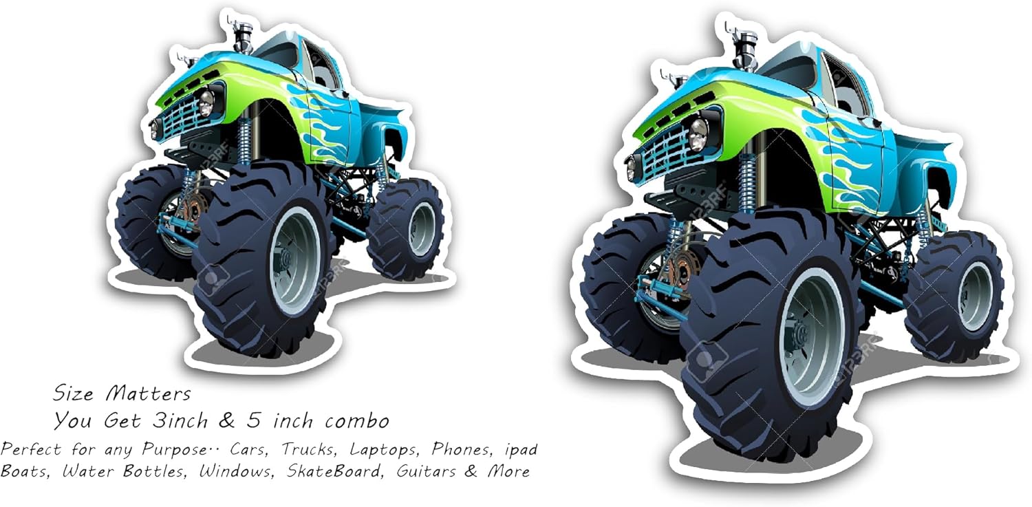 2 (Pieces) 3" and 5" Big Monster Truck Car Sticker, Waterproof Vinyl Decals for Many Purpose Like Cars, Trucks, Laptops, Phones, Windows and More