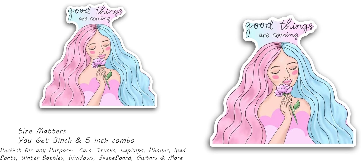 2 (Pieces) 3" and 5" Young Woman with Flower Sticker, Waterproof Vinyl Decals for Many Purpose Like Cars, Trucks, Laptops, Phones, Windows and More